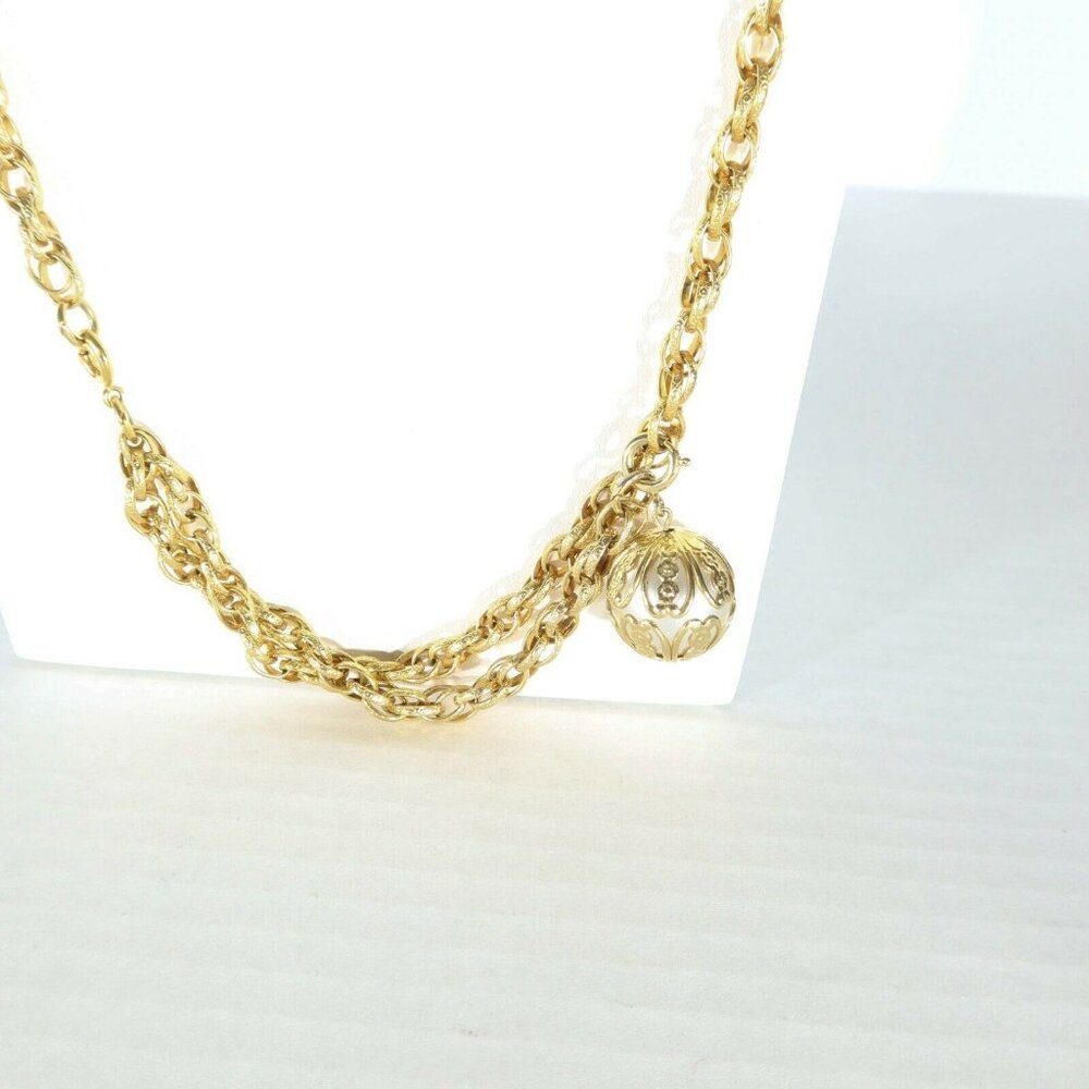 Vintage Gold Tone Caged Faux Pearl Extra Long Necklace Signed Sarah Coventry